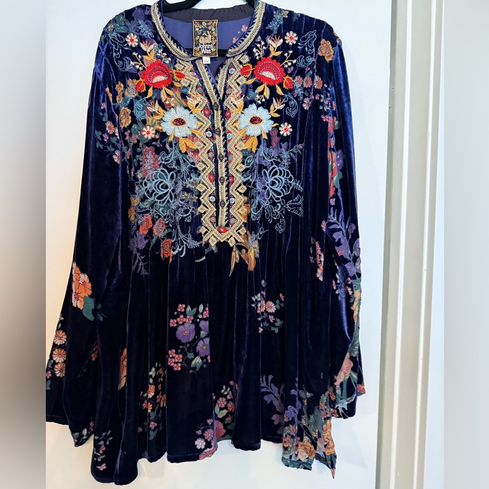 Johnny Was Navy Velvet Blouse with Floral Embroidery